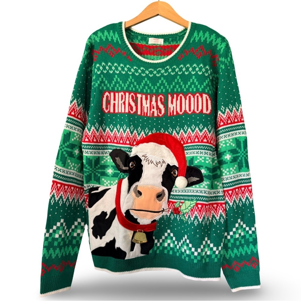Holiday Time Christmas Moo Cow Ugly Sweater Green Red Medium M (38-40)